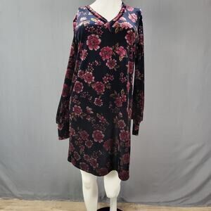 Velvet Floral Mini Dress L Long Sleeve V-Neck Burgundy Pink Aesthetic